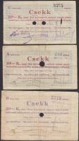 Pápa 1919. május 8. "Pápai csekk" 10K (10x) + 20K (10x) + 50K (2x) mind lyukasztással érvénytelenítve és ovális szárazbélyegzővel ellátva T:III