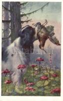 Hunting dog, bird, artist signed (fa)