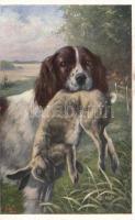 Hunting dog, rabbit, artist signed (small tear)