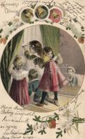 Christmas, children, floral, litho