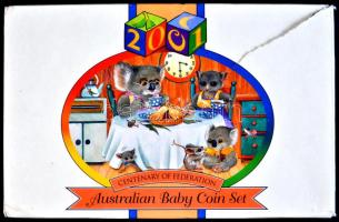 Ausztrália 2001. 5c, 10c, 20c, 50c, 1$, 2$ + 1db Ag emlékérem (43g/0.925/45mm) "Baby Proof set" eredeti dísztokban tanúsítvánnyal T:PP,1 külső kartontok sérült Australia 2001. 5 cent, 10 cent, 20 cent, 50 cent, 1 Dollar, 2 Dollar + Ag medallion (43g/0.925/45mm) in original case with certificate C:PP,UNC  Krause BPS7
