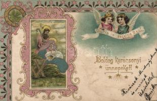 Christmas Emb. litho, silk card, floral (EK)