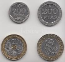 Franciaország 1994. 20F + Portugália 1998. 200E + Spanyolország 1986. 200P + 1998. 200P T:2,2- France 1994. 20 Francs + Portugalia 1998. 200 Escudos + Spain 1986. 200 Pesetas + 1998. 200 Pesetas C:XF,VF