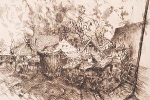 Remsey Gábor (1925-1999): Falu vége. Rézkarc, papír, jelzett, 19×29 cm