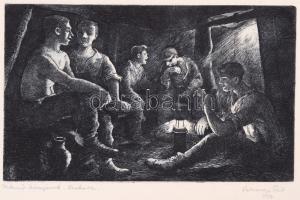 Varsányi Pál (1902-1990): Pihenő bányászok. Rézkarc, papír, jelzett, 10×17 cm