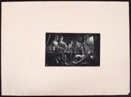 Varsányi Pál (1902-1990): Pihenő bányászok. Rézkarc, papír, jelzett, 10×17 cm