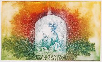 Egresi Zsuzsa (1954-): Marione, avagy az ősi fák lelke XV/II. Cinkkarc, papír, jelzett, 18×31 cm