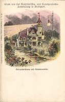 Stuttgart Schuckerthaus mit Scheinwerfer, Elektrizitäts- und Kunstgewerbe Ausstellung (EK)