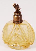 Antik parfümös üveg, réz rátéttel, m:9 cm