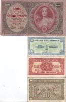 Ausztria 1902. 1000Kr piros "Deutschösterreich" fny-sal (5x) T:II,II/III, 1922. 50.000Kr T:III-, 1944. nem.megsz. 50Gr, 10Sch, 10Sch, 20Sch, 50Sch T:II,II-