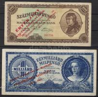 1946. 100.000.000P "Magyar Éremgyűjtők...1973" + 1000.000.000Milpengő "Hadtörténeti kiállítás 1963" piros fny-sal T:II/III