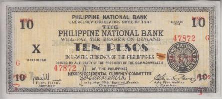 Fülöp-Szigetek/II. Világháborús megszállás alatti szükségpénzek/Negros 1941. 10P T:I- Philippines / Treasury Emergency Currency Certificate/Negros 1941. 10 Pesos C:AU
