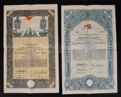 1912 Magyar korona Országai számára kiadott járadékkölcsön, államadóssági kötvény 100 koronáról, cseh felezett illetékbélyeggel, 2 db.