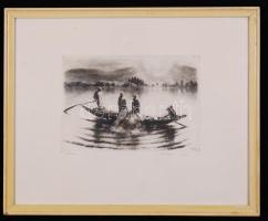 Kórusz József (1927-2010): Halászok. Rézkarc, papír, jelzett, üvegezett keretben, 20×30 cm