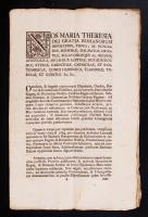 Mária Terézia által kiadott törvényi előírások kereskedelmi és egyéb ügyekben, 6 oldalon.