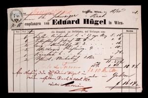 1858 Eduard Hügeltől származó számla, halványkék, 7 koronás illetékbélyeggel.