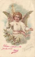 1899 Christmas, angel, decorated greeting card, litho (EK)