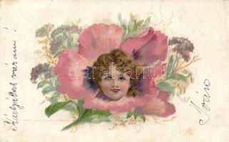 1899 Lady in flower, litho, minicard (11 x 7 cm) (EK)
