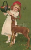 Girl with deer, litho