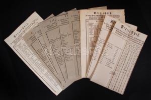 1820-1836 Győr város által kibocsátott jegyzékek a piaci árakról(9 db).