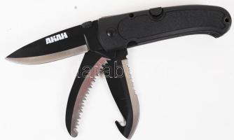 Akah márkájú, három pengés vadászkés, vászontokban, újszerű állapotban, h:12 cm