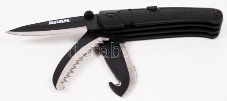 Akah márkájú, három pengés vadászkés, vászontokban, újszerű állapotban, h:12 cm