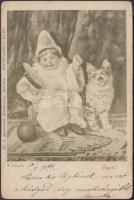 1899 E. Louyot: Tusch! / Clown, cat, 1899 bohóc, macska