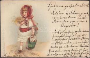 1899 Girl, Gebrüder Obpacher Serie 39. No. 18221. litho, 1899 Kislány, Gebrüder Obpacher Serie 39. No. 18221. litho