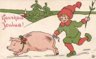 Christmas, pig, boy, Finnish greeting card