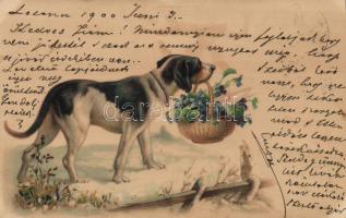 Dog with flower basket, litho (fl)