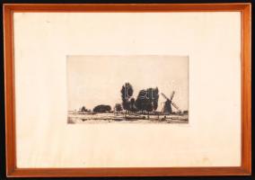 Boldizsár István (1897-1984): Szélmalmok. Rézkarc, papír, jelzett, üvegezett keretben, 17×31 cm