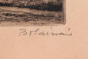Boldizsár István (1897-1984): Szélmalmok. Rézkarc, papír, jelzett, üvegezett keretben, 17×31 cm