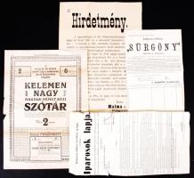 1859-1915 Plakátok vegyes témában (Kelemen nagy magyar-német kéziszótár, előfizetési felhívás, hirdetmény a közrend zavartalan fenntartásáról).