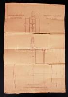 1927 Magyar-belga Ásványolaj Társaság benzinkútjának kézzel készített tervrajza hátoldalán 8 db illetékbélyeggel.