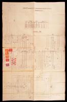 1927 Satam rendszerű benzinkút kézzel készített tervrajza  illetékbélyegekkel.