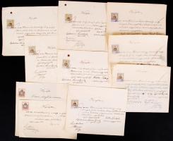 1909-1911 Győr, Kézzel írott nyugták fizetés átvételéről sétatéri jegyeladó munkakörben illetékbélyegekkel.