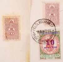 1935-1940 Győr, Óraoszlop tervrajza, ezzel kapcsolatos statikai számítás hátoldalán illetékbélyeggel