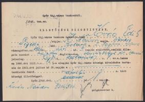 1946 Győr, Illetőségi bizonyítvány városi illetékbélyegekkel, polgármester aláírásával
