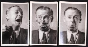Grimaszoló férfi, 3 db vintage fotó, egyik halvány folttal, 8x13 cm.