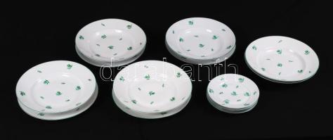 Herendi hiányos zöld virág mintás tányér készlet, jelzett (koronás), hibátlan, kézzel festett, 6 db mély d: 25,5 cm, 4 db lapos d:25,5 cm, 4 db süteményes d:16,5 cm, / Herend (crown marks) plate set