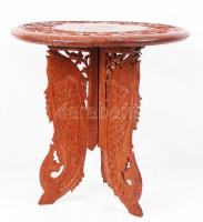 Kézi faragású, csontberakásos asztalka (berakás néhol hiányzik) / Carved wooden table with ivory inlay (some missing) d: 40cm