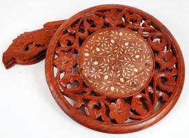 Kézi faragású, csontberakásos asztalka (berakás néhol hiányzik) / Carved wooden table with ivory inl...