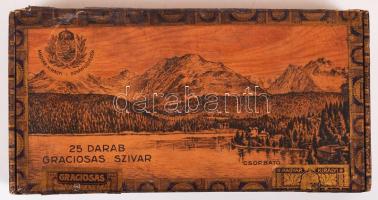 cca 1910 Graciosas cigarettás fa doboz a Csorba tó és a lágymányosi gyár képével / Wooden cigarette box 26x12 cm