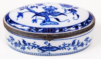 Német ékszertartó dobozka ón szegéllyel, jelzett, hibátlan, máz alatti festéssel, 12×7 cm