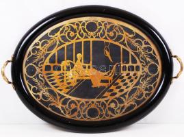 cca 1900 Díszes reggeliző tálca réz díszítéssel, üvegezett, fa kerettel, jó állapotban / Breakfast tray with copper inlay 50x30 cm