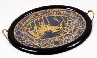 cca 1900 Díszes reggeliző tálca réz díszítéssel, üvegezett, fa kerettel, jó állapotban / Breakfast t...