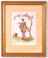 Jelzés nélkül: Gésa legyezővel. Vegyes technika, selyem, üvegezett keretben 26×19 cm