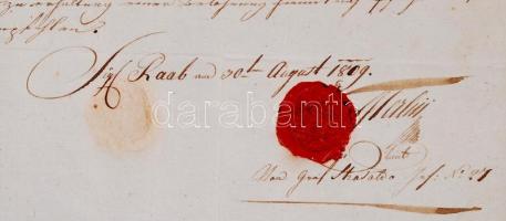 1809 Győr (Raab), Igazolás Pro patria feliratú vízjeles, 15 és 30 krajcáros szignettás papíron viasz...