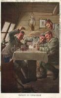 'Gefecht im Unterstand' WWI military postcard, card playing