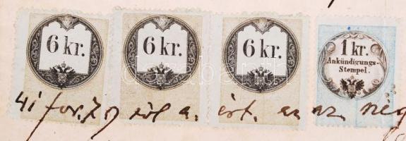 1863 Magyar nyelvű nyugta hirdetmény- és illetékbélyegekkel, 3db 6 koronás, 1 db 1 koronás